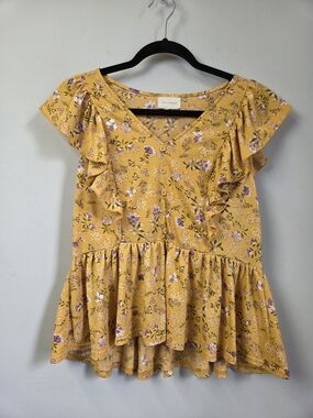 MELLODAY Mustard Floral Ruffle Peplum Blouse